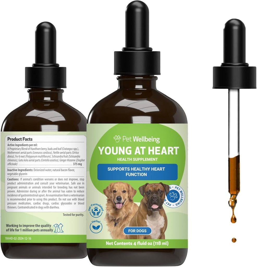 Bienestar de la mascota Joven en el corazón para perros - Salud del corazón, Sistema circulatorio " Cardiovascular, Hawthorn, Motherwort, Schisandra - Veterinario-Formulated Herbal Suplemento 4 fl oz (118 ml)