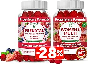 Lunakai Prenatal Vitamina y Mangas Multivitamínicas de Mujeres Bundle - Embarazo Multivitamina Gummy con Hierro y Ácido Fólico - con 100% Valor Diario de 16 Vitaminas y Minerales Esenciales - 30 Días Suministro