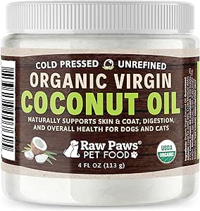 Raw Paws Orgánica Virgen aceite de coco para perros &amp; gatos, 4-oz - Soporta sistema inmunitario, digestión, salud oral, tiroides - Alivio de alergia natural para perros - Alivio de bolas de pelo