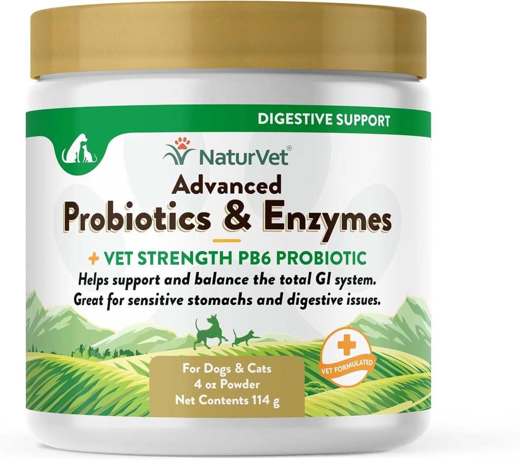 NaturVet – Probióticos avanzados " Enzymes - Plus Vet Strength PB6 Probiótico  tolera Apoyos y equilibrios Pets with Sensitive Stomachs " Digestive Issues  durable for Dogs & Cats (4 oz)