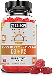 Zhou D3+K2 - Vitamina D3 K2 Suplemento para Hombres, Immune Support Vit D3 y K2 Gummy, Gelatin Free Formula con 5000 UI de D3 y MK-7 - 60 Gummies Veggie (Pack of 1)