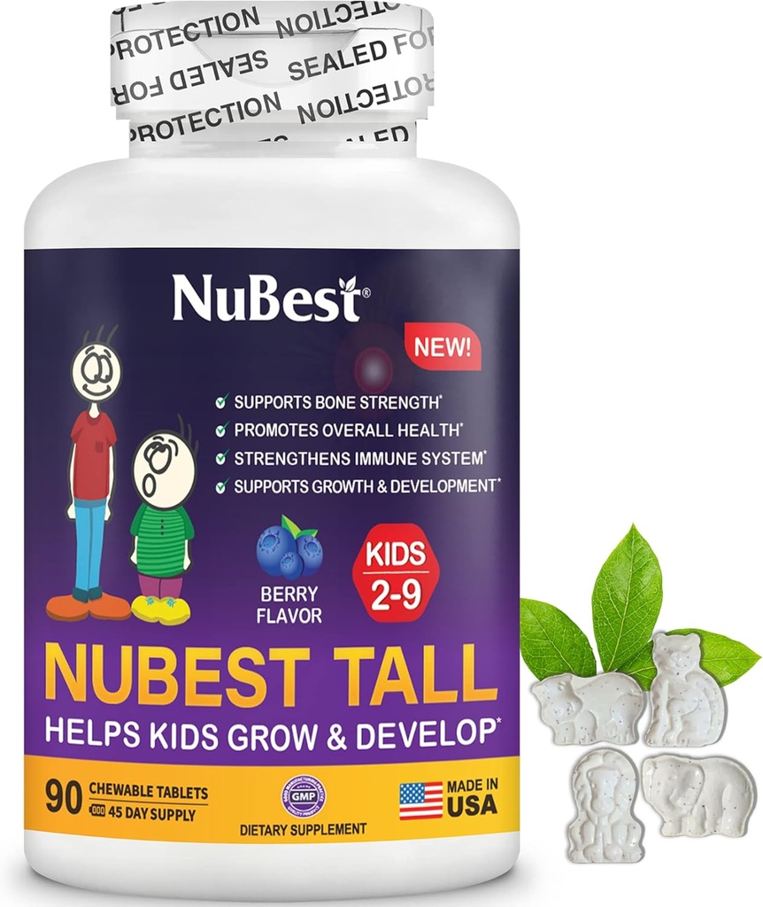 NuBest Tall Kids - Toddlers Vitaminas y Niños Vitaminas por Edad 2 a 9 - Soporte Bone Strength, Global Health and Immunity - Animal Shapes - 90 Chewable Berry Tablets  6 Weeks Supply