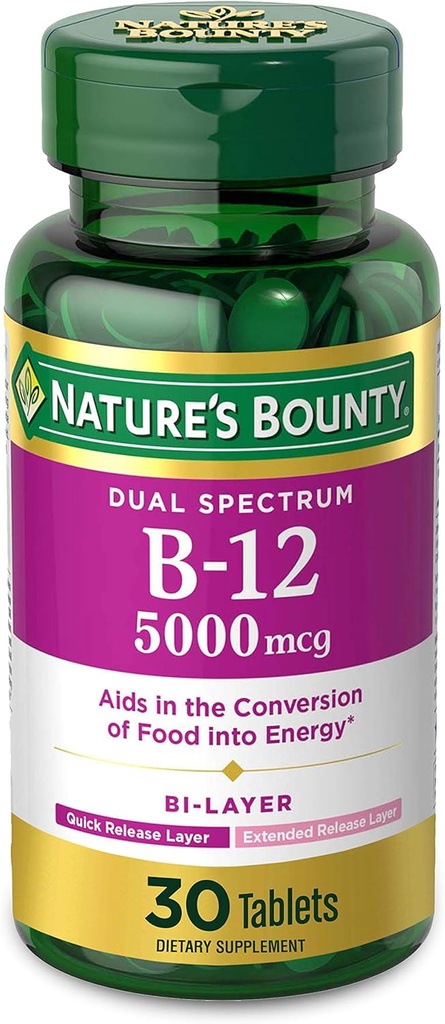 Vitamina B12 por la recompensa natural, suplemento dietético de doble capa, liberación rápida y liberación extendida, apoya el metabolismo energético y la salud del sistema nervioso, 5000mcg, 30 Tablets