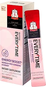 JUNG KWAN JANG Everytime Energy Boost Korean Red Ginseng Extract 1000mg &amp; Honey - Vegan Ginseng Energy Drink Liquid Stick Suplementos - Builds Stamina & Immunity No Caffeine (10 Sticks, 0.34 fl oz)