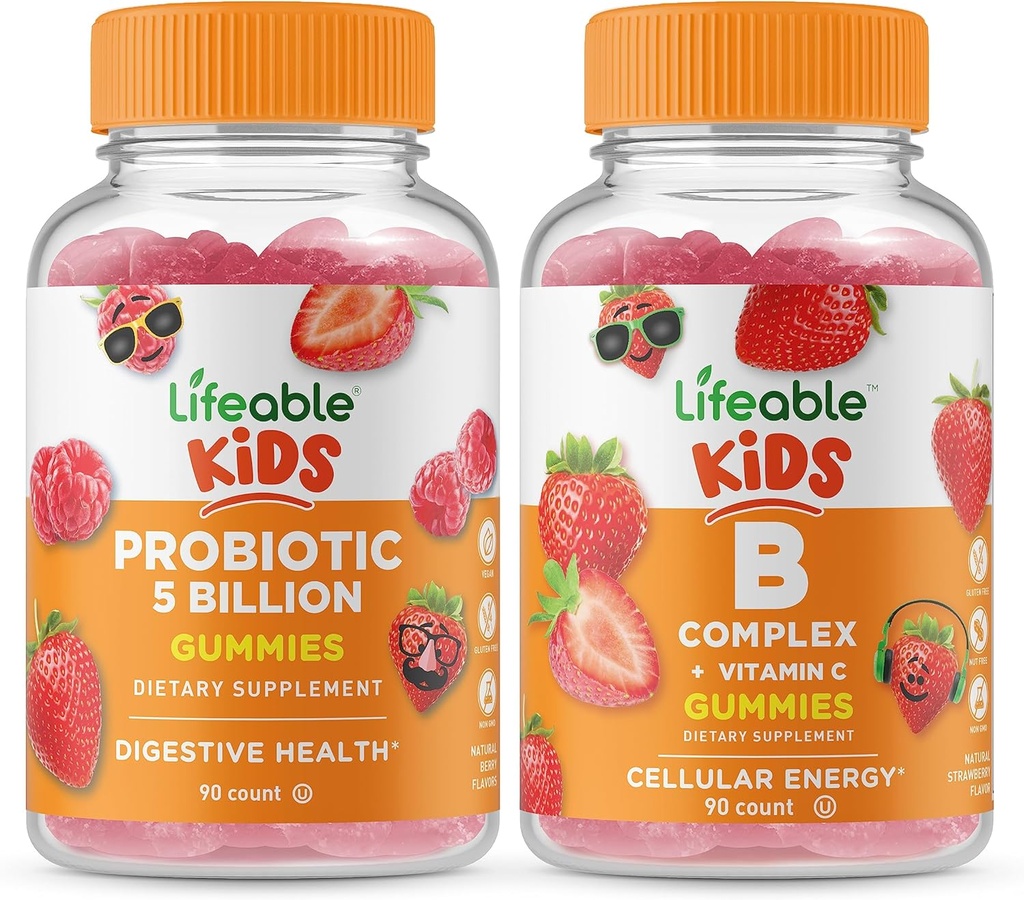 Probióticos Lifeable 5 millones de niños + B Complejo Niños, Gummies Bundle - Gran Tasting, Suplemento de vitaminas, Gluten Gratis, GMO Gratis, Chewable Gummy