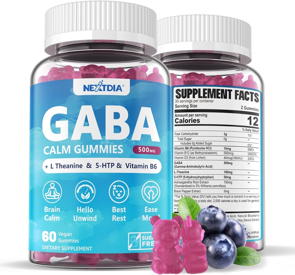 GABA Gummies 500 mg - Mangas de calma sin azúcar con L Theanine, 5-HTP, Vitaminas D3, B12, Ashwagandha, Melatonin-Free for Brain Calm, Mood, Zzz Better, Suplemento GABA para Adulto, Blueberry Flavor, 1Pack