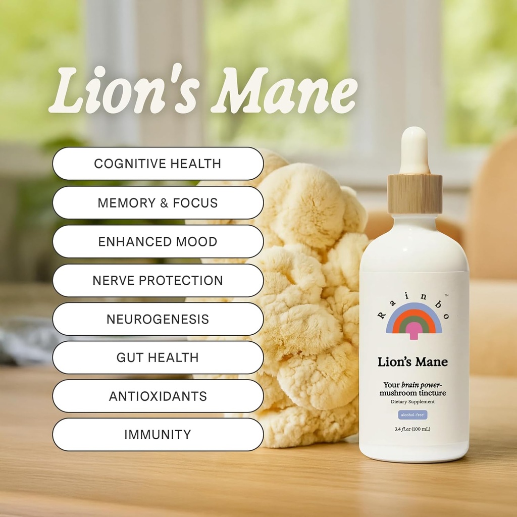 Rainbo - Mane Mushroom de León Tintura - Alcohol Gratis - Dual Extract Mushroom Supplement - Brain Support, Focus, Memory, Liquid Lion's Mane Supplement, Vegan, Non GMO, 3.4 fl oz