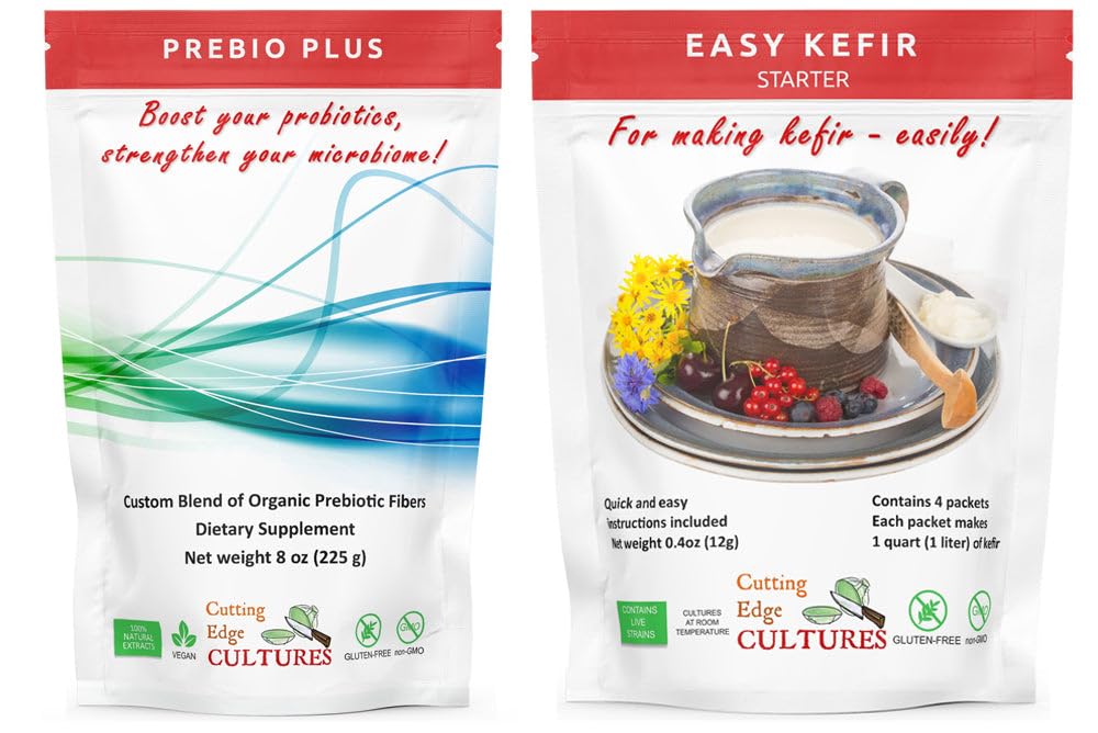 Cultivos de bordes de corte Prebio Plus + Kefir Cultura de arranque Prebiótico Polvo de fibra mejor mezclada con fibras prebióticas Suplemento dietético (1 Prebio Plus + 1 Kefir 20g)