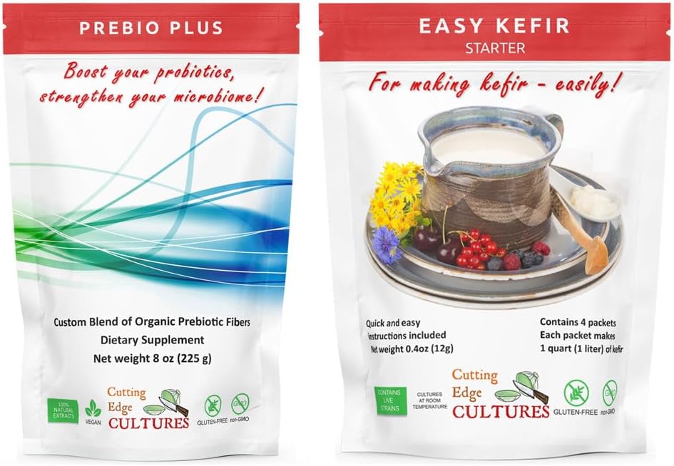 Cultivos de bordes de corte Prebio Plus + Kefir Cultura de arranque Prebiótico Polvo de fibra mejor mezclada con fibras prebióticas Suplemento dietético (1 Prebio Plus + 1 Kefir 20g)