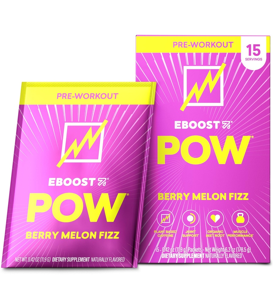 EBOOST POW Natural Pre Workout Powder - 15 Packets, Berry Melon Fizz - Preworkout Energy Booster Gym Supplement Drink Mix for Hombre and Women - Performance, Joint Mobility Support - Gluten-Free