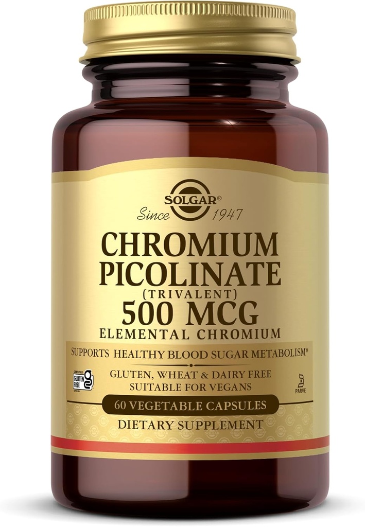 Solgar Chromium Picolinate 500 mcg - 60 cápsulas vegetales - Soportes Azúcar, Gordo &amp; Proteína Metabolismo - No GMO, Gluten Gratis, Kosher - 30 Servimientos