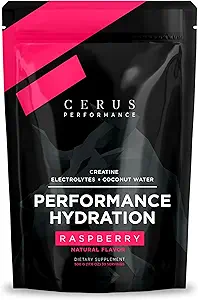 Rendimiento Cerus - Rendimiento Hidratación Electrolito Polvo – Sabor de frambuesa, Monohidrato de 5g Creatina, 500 mg Polvo de agua de coco – Apoya resistencia, recuperación de músculos &amp; Keto 30 Servimientos