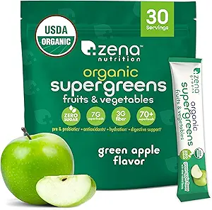 Zena Nutrition Organic Super Greens Powder, 70+ Superfoods, 0 Sugar, 3G Fiber, Spirulina, Clorella, Antioxidantes, Prebióticos/Probióticos, Enzymes Digestivos, Manzana Verde, 30 Bebidas Mix Packets