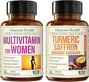 Multivitamina de las mujeres + Turmeric Saffron Cinnamon &amp; Cardamom Bundle. Fórmula de Vitaminas &amp; Minerales de Mujeres para el Soporte Inmunitario y Conjunto, Respuesta Inflamatoria.