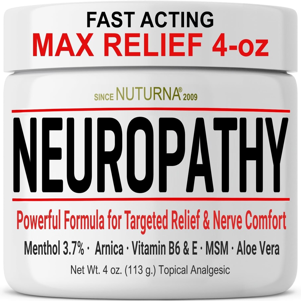 Neuropatía Crema de Alivio Nerve - Actuación rápida Max Relief for Feet Hands Legs Toes Back - Ultra Strength Menthol Arnica Aloe Vera MSM, Soothing Natural Nerve Comfort Relief, Paraben-Free 4 Oz