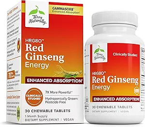 Terry Naturalmente HRG80 Red Ginseng Energy - Support Healthy Energy & Focus - Suplemento Herbal con Corea Red Ginseng Root Powder - Tablas Vegan para ayudar la resistencia saludable - 30 Tablas Chewable
