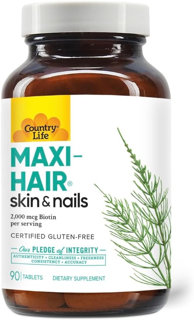 Country Life Maxi-Hair Supplement - 2000mcg Biotin & Vitamins for Hair, Skin & Nails - Certified Gluten-Free & Vegetarian - Supports Hair Growth, 90 Tablets