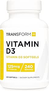 TransformHQ Vitamina D3 5000 UI (125mcg) 240 Softgels - Suplemento de vitamina D, Gluten Gratis, No GMO