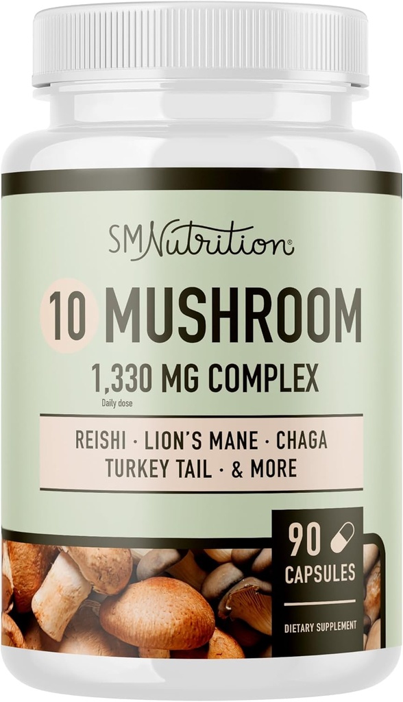 10 Mushroom Complex Suplemento  1300+ MG Blend with Lions Mane, Turkey Tail, Cordyceps, Reishi, Shiitake, Maitake, Chaga &amp; White Button Mushroom