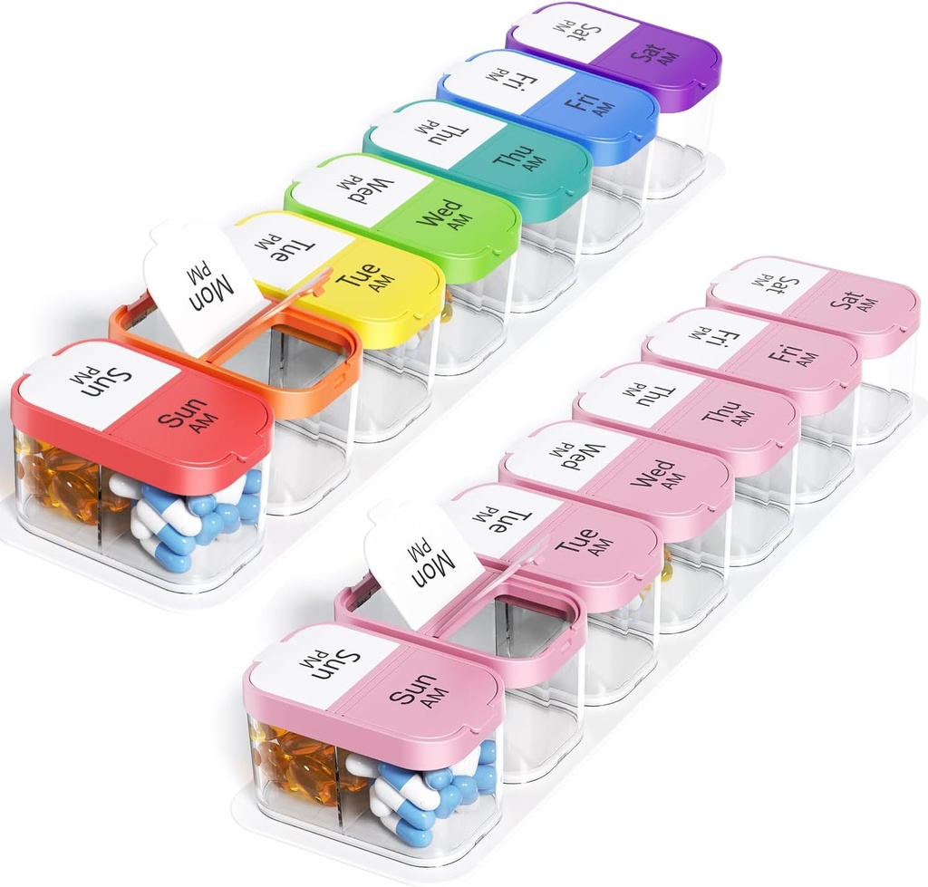 Odaro Extra Large Weekly Pill Organizer, XL Pill Box 7 Day AM, Jumbo Medicine Organizer 2 Times A Day to Hold Daily Medicine, Vitamins, and Supplements, Rainbow &amp; Pink/White (Set of Two)