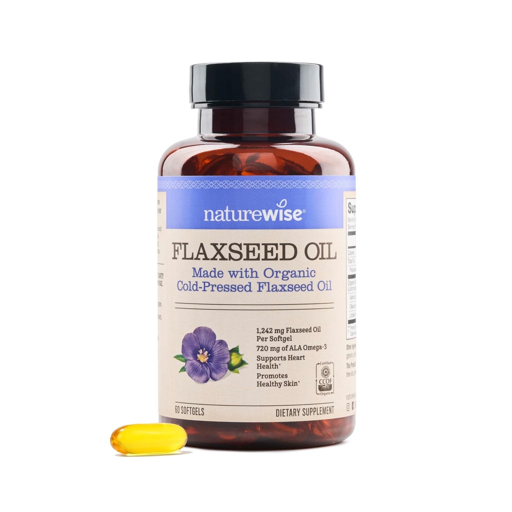 NatureWise Flaxseed Oil 1242 mg, Fish Free Omega 3 6 9 with 720mg ALA, Dietary Supplement for Heart Health Support - Organic, Cold Pressed, Non-GMO - 60 Softgels[2-Month Supply]