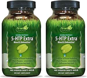 Irwin Naturals Double Potency 5-HTP Extra - 60 Líquidos Soft-Gels, Pack de 2 - para Relajación & producción de serotonina - 60 Total Servings