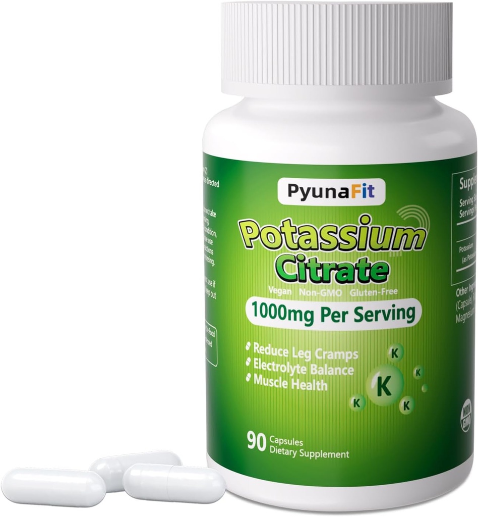 Suplemento de potasio 1000mg – Citrato de Potasio Alto para los cáñamos de las piernas, la salud muscular y el apoyo al corazón, sin gluten, 90 cápsulas