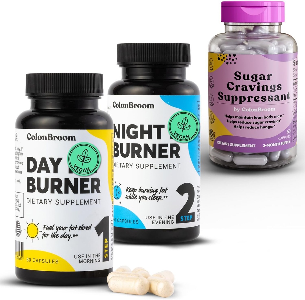 ColonBroom Day &amp; Night Burner Supplements, Weight Management Pills (60 Servings) + Sugar Craving Suppressant - Chromium Picolinate 200mcg (60 Servings), 3 Items