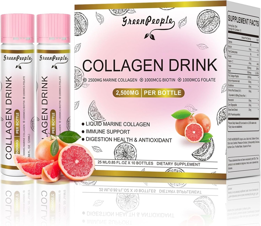 Colágeno líquido GREENPEOPLE para Hombres, 2500mg Peptides colágeno de pescado + Ácido hialurónico + Vitamina Bs &amp; C, Láminas de piel de pelo Juntas Bonos Soporte (0.85 fl oz, 10 botellas, pomelo)