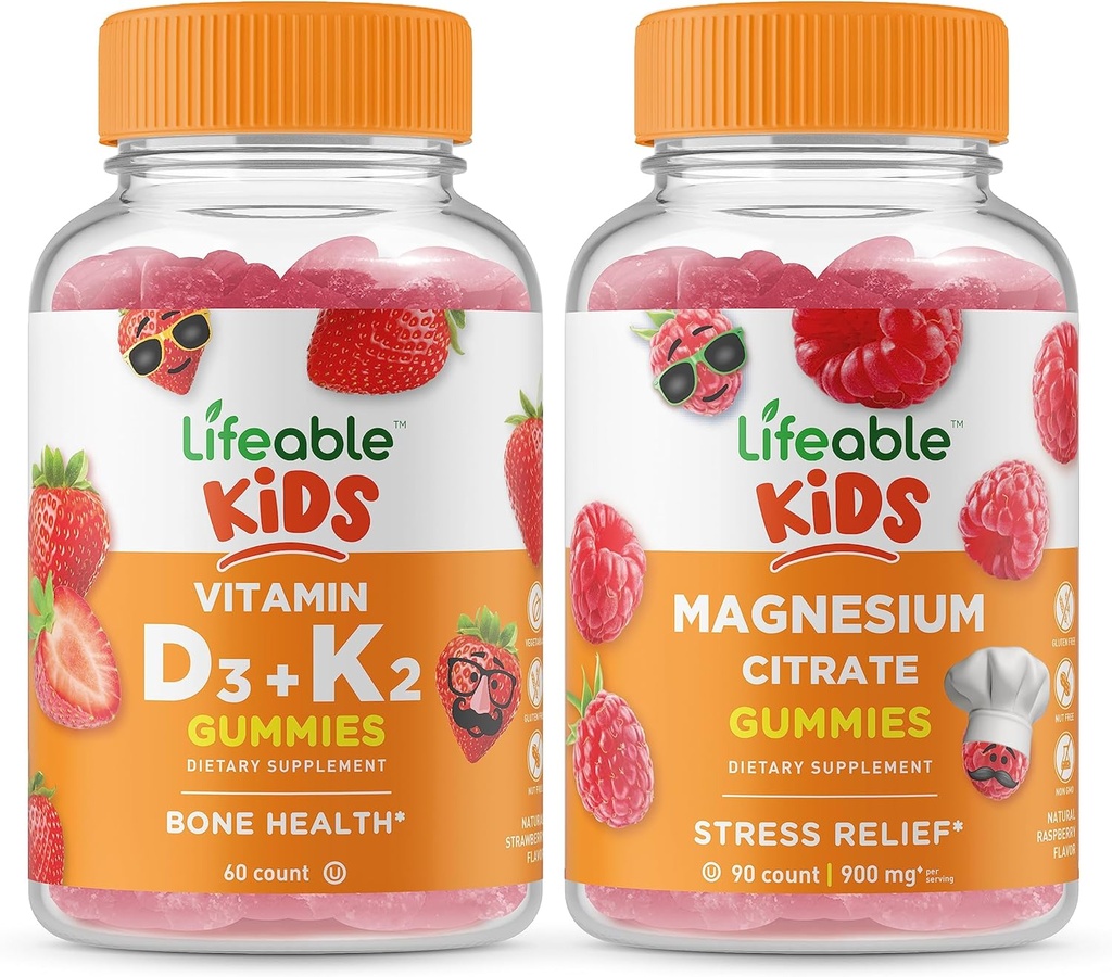Vitamina vital D3 + Vitamina K2 Niños + Magnesio Niños, Gummies Bundle - Gran Tasting, Suplemento de vitamina, Gluten Gratis, GMO Gratis, Chewable Gummy