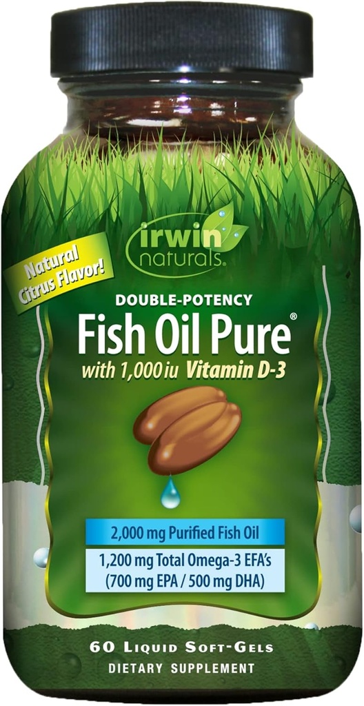 Aceite de pescado de doble potencia Puro por Irwin Naturals, Citrus Flavor con vitamina D-3, 60 Líquidos Soft-Gels