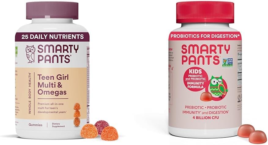 SmartyPants Teen Girl Multivitamin Gummies: Omega 3 Fish Oil (EPA/DHA), Vitamina D3, C, Vitamina B12 &amp; Kids Probiotic Immunity Gummies: Prebióticos &amp; Probióticos para la Salud Digestiva