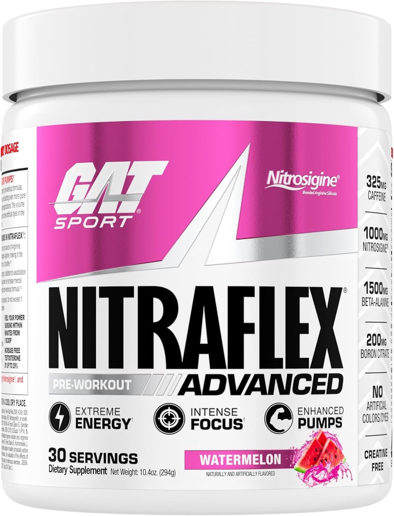 GAT SPORT Nitraflex Advanced Pre-Workout Powder, aumenta el flujo sanguíneo, aumenta la fuerza y la energía, mejora el rendimiento del ejercicio, libre de crema (Watermelon, 30 servidos)
