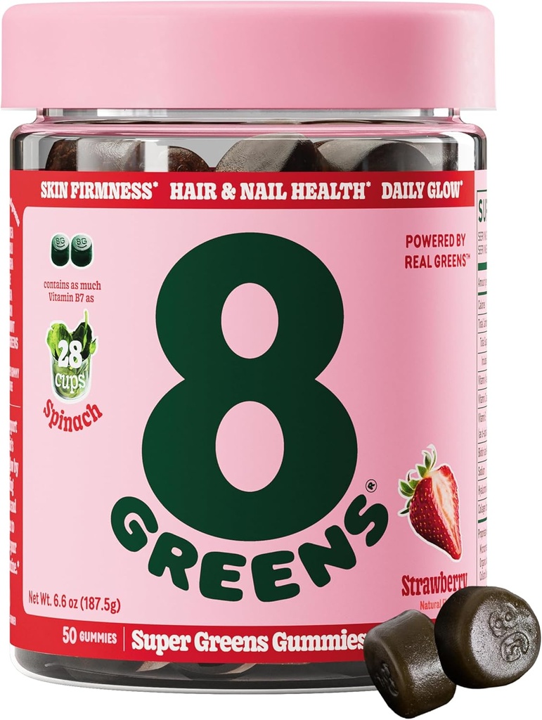 8Greens Supergreens Beauty Gummies with Collagen &amp; Biotin ← Super Greens Powder Superfood Gummy for Healthy Skin, Hair, Nails, Glow, and Firmness, Superfood Booster, Strawberry Flavored, 50 Conde