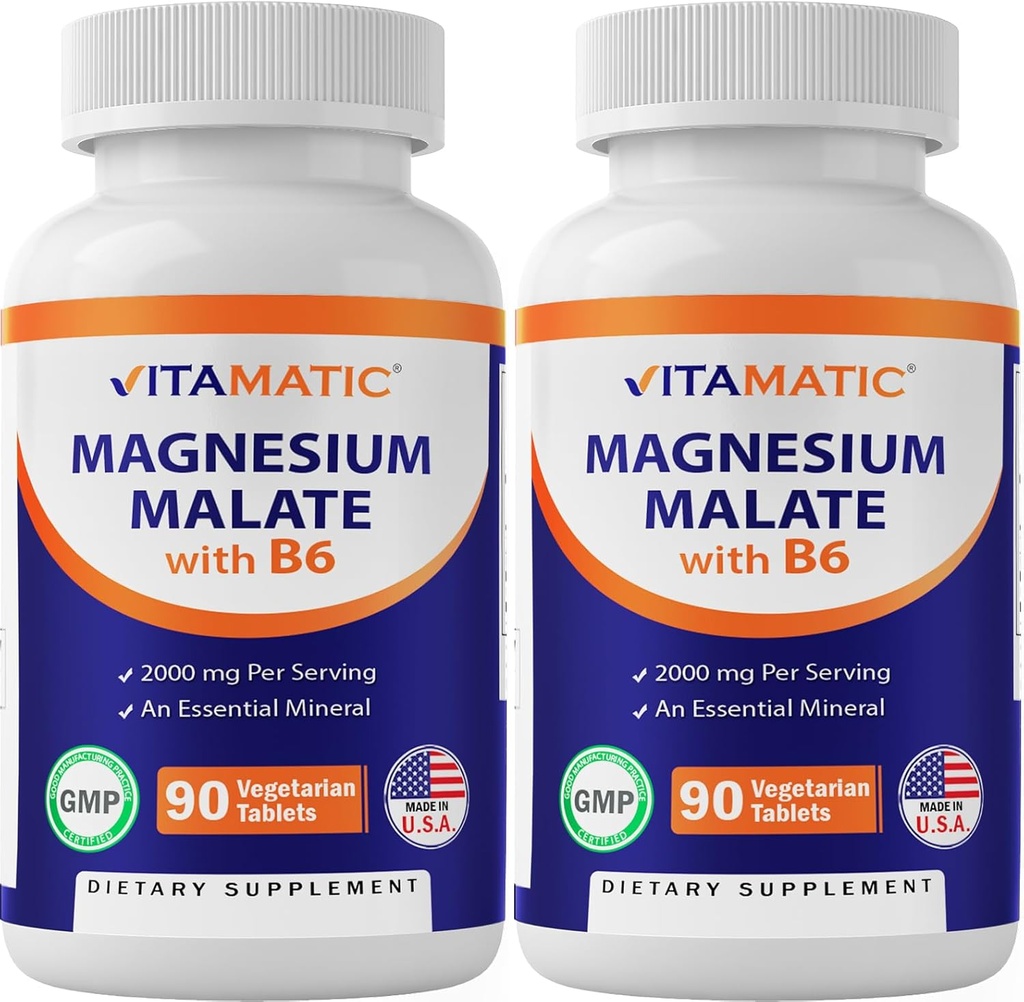 Vitamatic Magnesium Malate 2000mg per Serving - 90 Tabletas Vegetarianas - Añadido B6 para la absorción máxima - Apoya el músculo, la articulación y la salud del corazón* (2 Botellas, Desflavoradas)