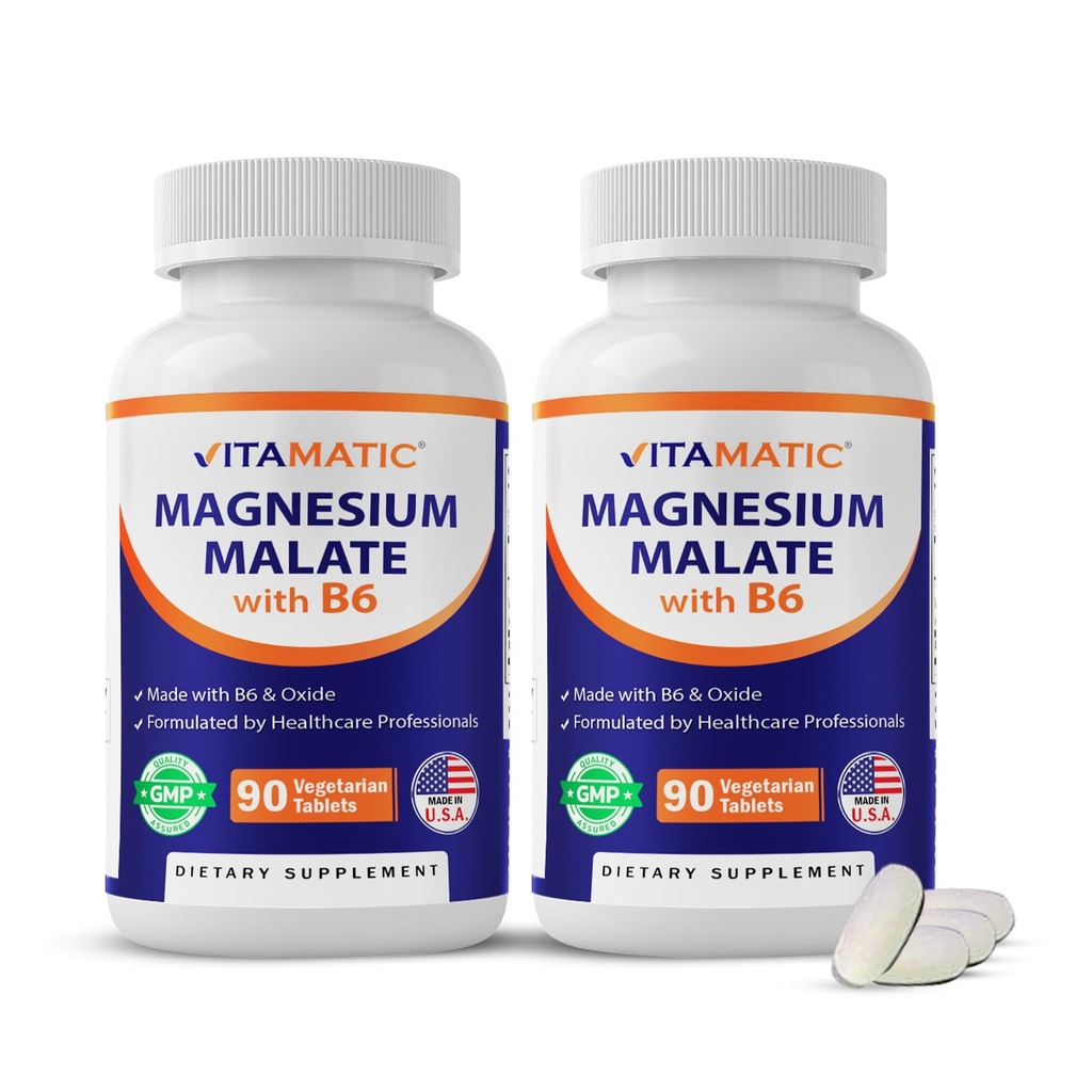Vitamatic Magnesium Malate 2000mg per Serving - 90 Tabletas Vegetarianas - Añadido B6 para la absorción máxima - Apoya el músculo, la articulación y la salud del corazón* (2 Botellas, Desflavoradas)