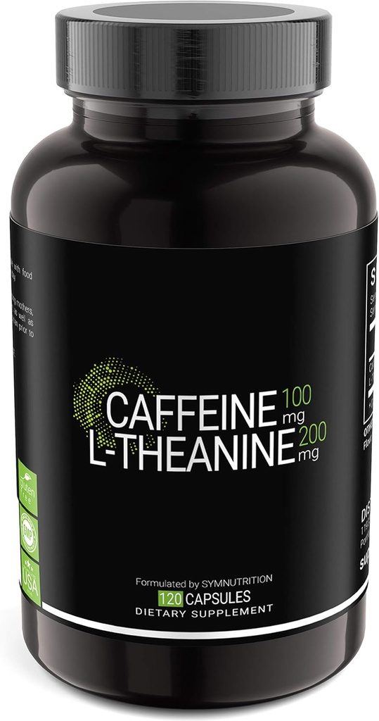 SYMNUTRITION Caffeine 100mg, L-Theanine 200mg — 120 Count (V-Capsules) / 120 Servings: Manufactured in a cGMP-Registered Facility in USA; Vegan &amp; Gluten Free