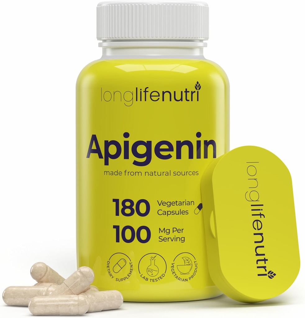 LongLifeNutri Apigenin 100mg – Bioflavonoide natural de Chamomile Extract, 180 cápsulas vegetarianas, Suplemento para el sueño, Mood, " Relax, 6 meses de suministro, GMP certificado, hecho en EE.UU.