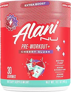 Alani Nu Pre Workout+ Powder Cherry Slush, Boost Extra, Sugar Gratis, 300 mg de cafeína, L-Theanine, Beta-Alanine, Citrulline, 30 Servings