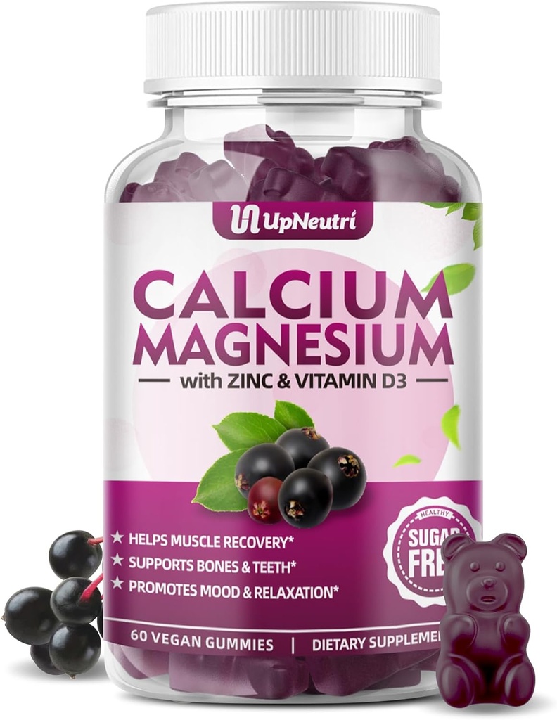 Calcio Magnesio Zinc con Vitamina D3 Suplemento, Azúcar Gummies de Calcio Libre para Mujeres Hombres, Alta Absorción Zinc Gummies para Bone &amp; Muscle & Immune Health, Vegan Elderberry Flavor - 60 Conde