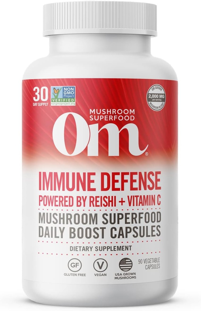 Om Mushroom Superfood Immune Defense Mushroom Capsules Superfood Suplemento, 90 Cuenta, 30 Días, Mushroom Blend, Reishi, Turquía Tail, Maitake, Agaricus Blazei, Vitamina C, Vegan