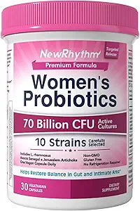 NewRhythm Women's Probiotics, Organic Prebiotics, 70 Billion CFU 10 Strains, Vaginal Probiotics for Urinary & Digestive Health, 30 Vegan Capsules, No Bloating