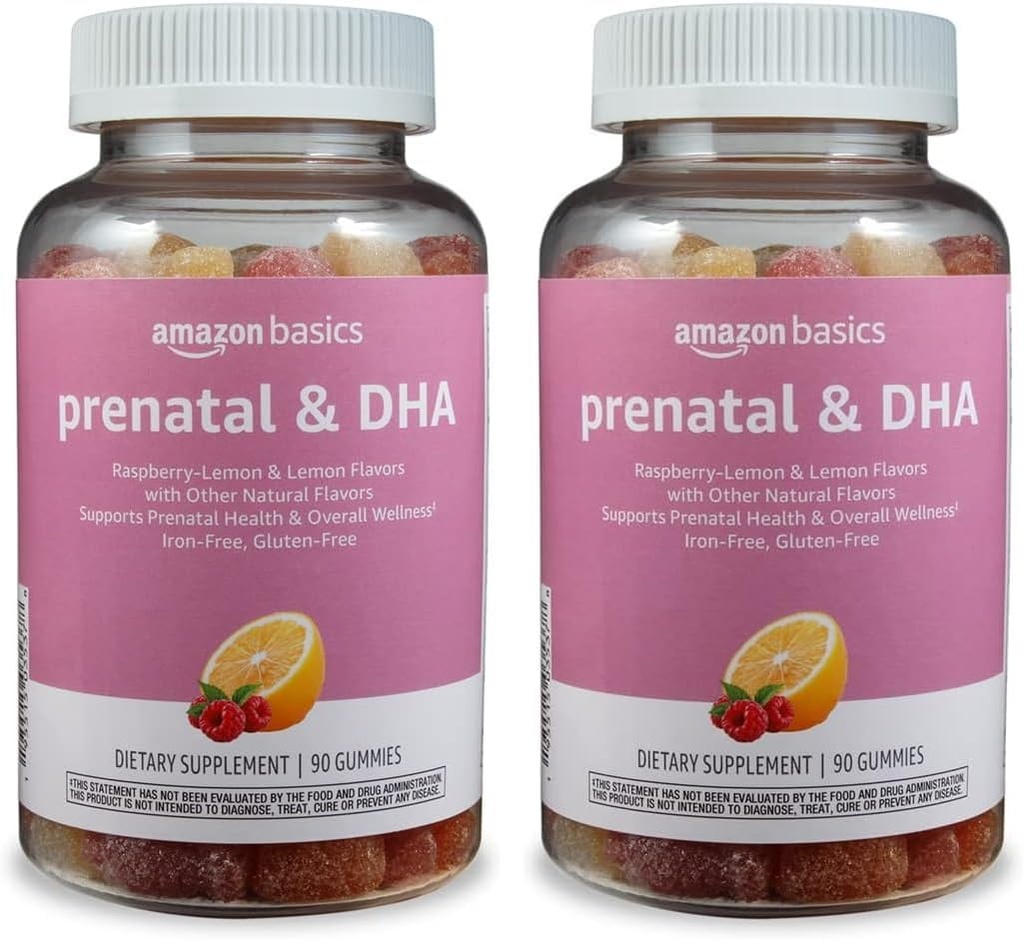 Fundamentos Prenatal & DHA Gummy, Rasberry & Lemon Flavor, 90 Cuenta (antes Solimo) (Pack of 2)