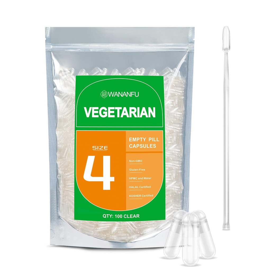 wananfu Tamaño 4 Empty Capsules Vegetariano (100 Conde) Agrupo con 2 cucharas de laboratorio, Limpiar las cápsulas de la píldora Fillable Tamaño 4 para hacer sus propios suplementos
