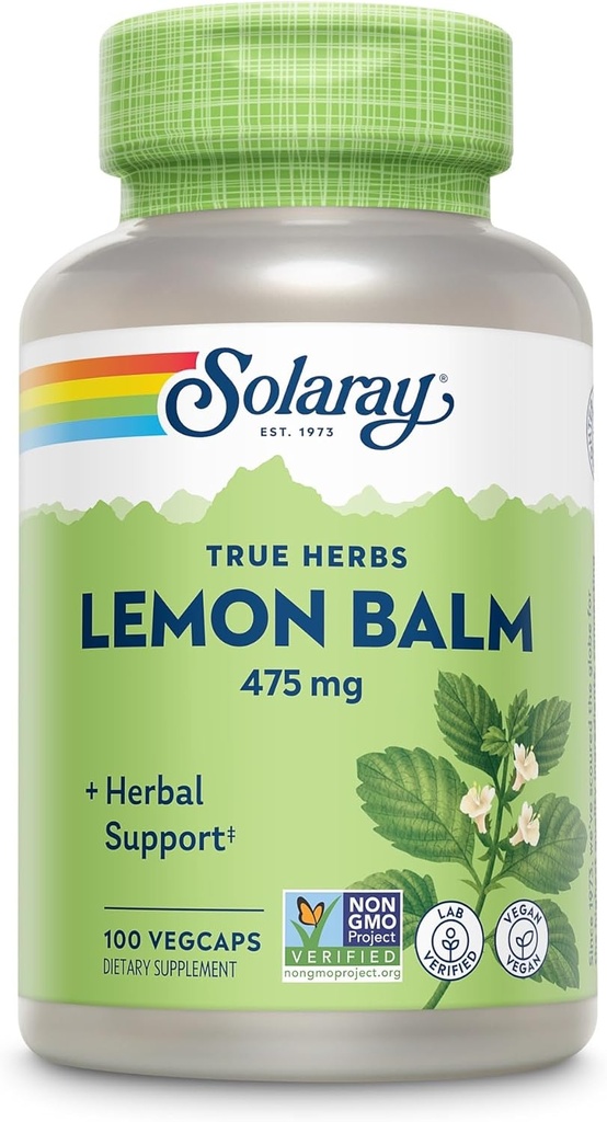 SOLARAY Lemon Balm Aerial 475 mg - Calma y Relajación Mental Saludable y Apoyo al Descanso - Todo Aerial para el Perfil Nutriente Completo - No GMO, Vegan - 100 Servimientos, 100 VegCaps