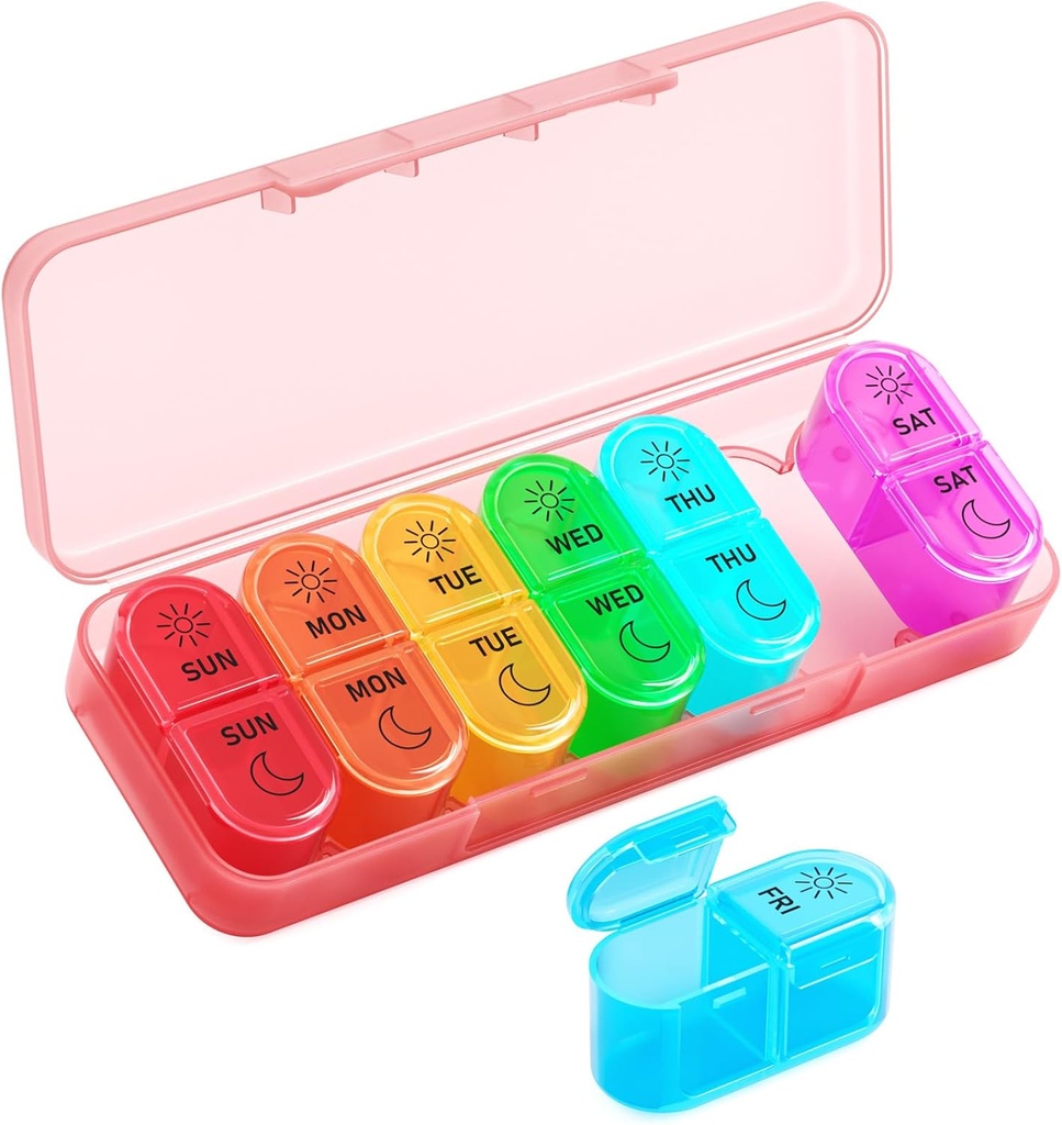 Betife Organizador semanal de píldoras 2 veces al día, 7 Días de la caja de píldoras AM, Portable Travel Pill Case, Daily Pill Container Day and Night, Medicine Organizer for Medication, Vitamin or Supplement(Pink)