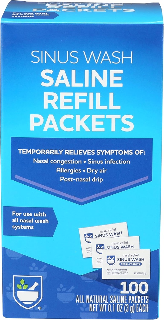 Rite Aid Sinus Wash Refill Kit, Packets de Saline con Wrapped Individual - 100 Conde ← Nasal/Alergía Alivio de Saline Solución para Neti Pots