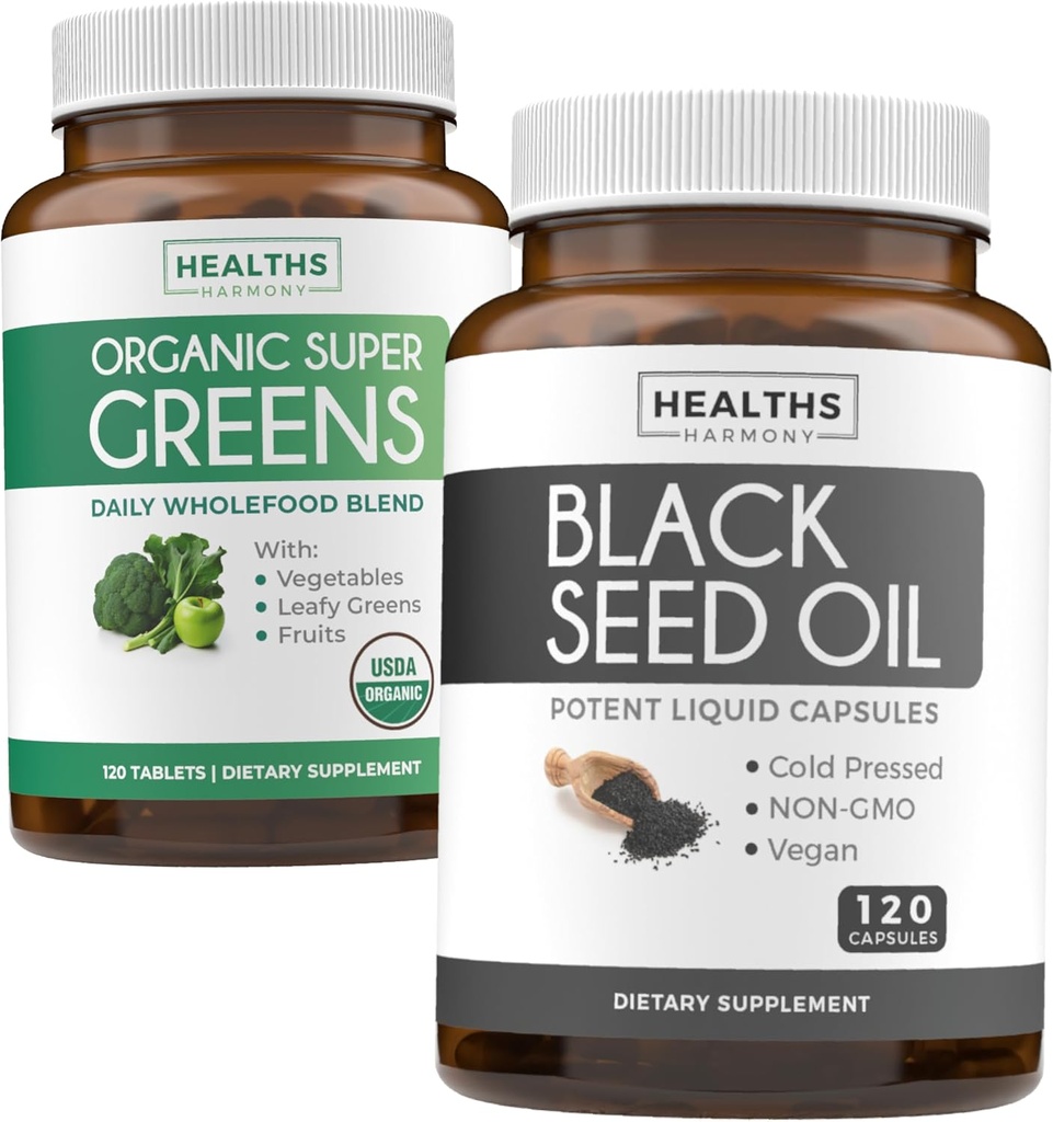 Super Greens & Black Seed (2-Month Supply) Greens Oil Synergy Bundle of Organic Super Greens Powder - Complete Superfood (120 Capsules) & Black Seed Oil - Cold-Presed Nigeilla Sativa (120 Caps)