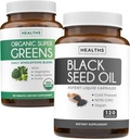Super Greens & Black Seed (2-Month Supply) Greens Oil Synergy Bundle of Organic Super Greens Powder - Complete Superfood (120 Capsules) & Black Seed Oil - Cold-Presed Nigeilla Sativa (120 Caps)