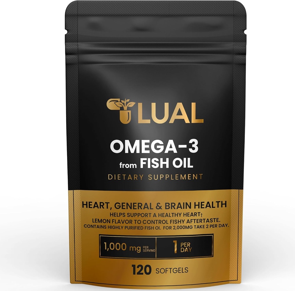 LUAL Omega-3 Fish Oil Softgels – 1000 mg con EPA y DHA, Lemon Flavor, Burpless, Non-GMO Fórmula para Corazón, Cerebro y Bienestar Global – 120 Cuenta